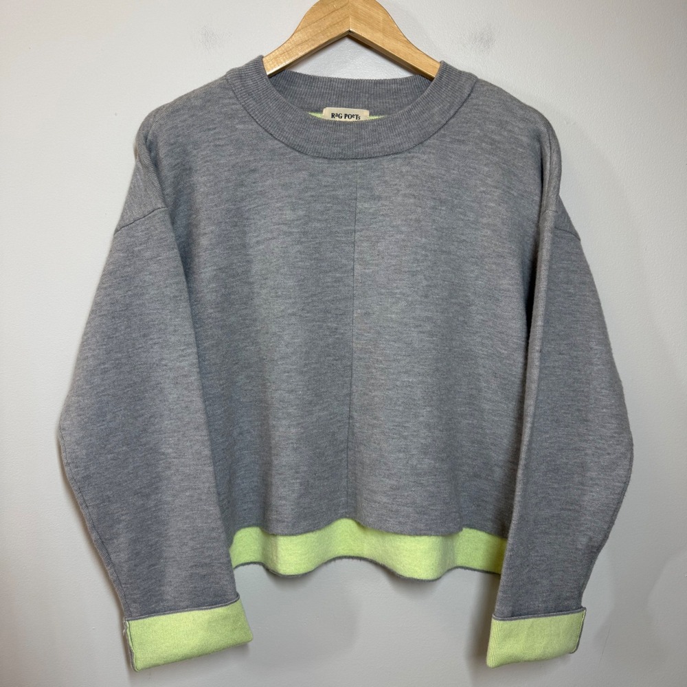 Rag Poets XS Gray Lime Green Sweater Boxy Cropped Colorblock Contrast Knit